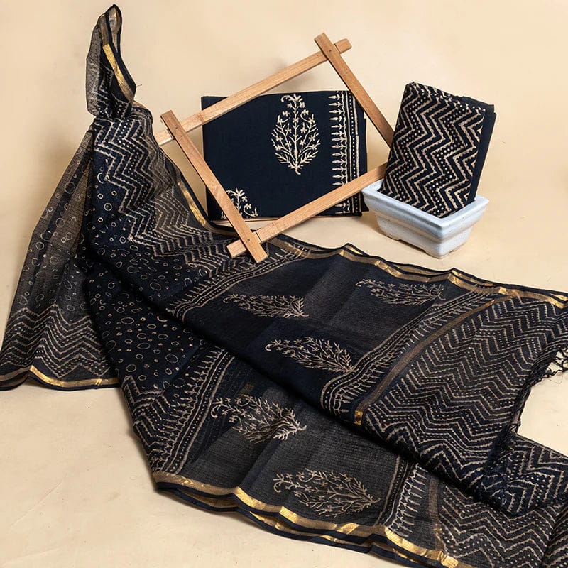 Wholesale Kota Doria Black Boota Dress Material – Artisan handblock printed fabric for designers, boutiques & bulk orders